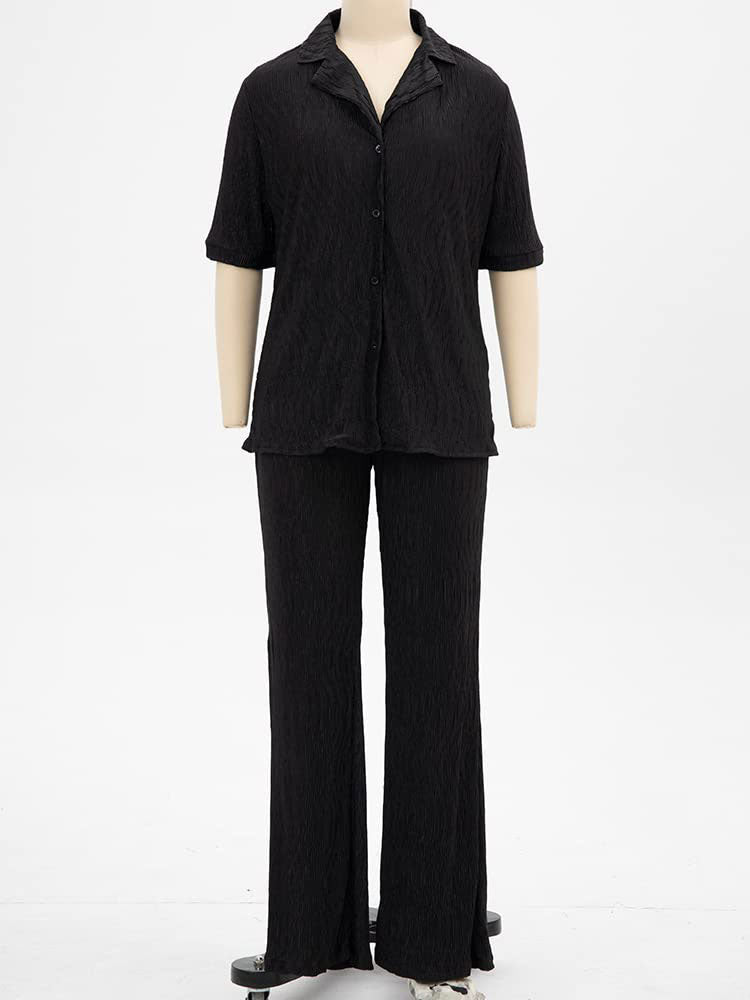 Short Sleeve Pleated Set Black / S