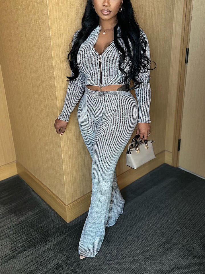 Knit Zipper Crop Top Slim Pants Set Gray* / M