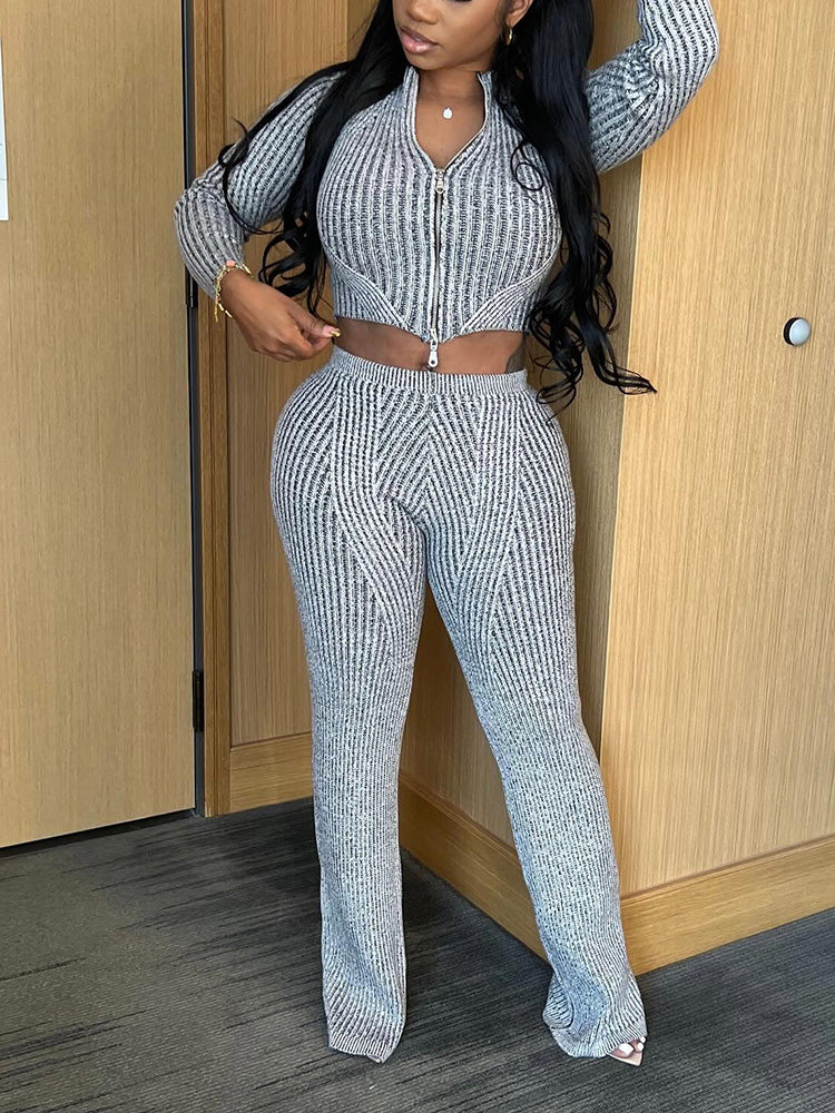 Knit Zipper Crop Top Slim Pants Set Gray* / S