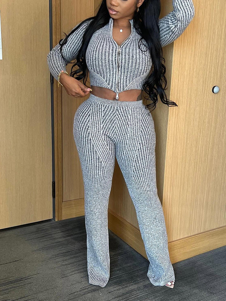 Knit Zipper Crop Top Slim Pants Set Gray* / S