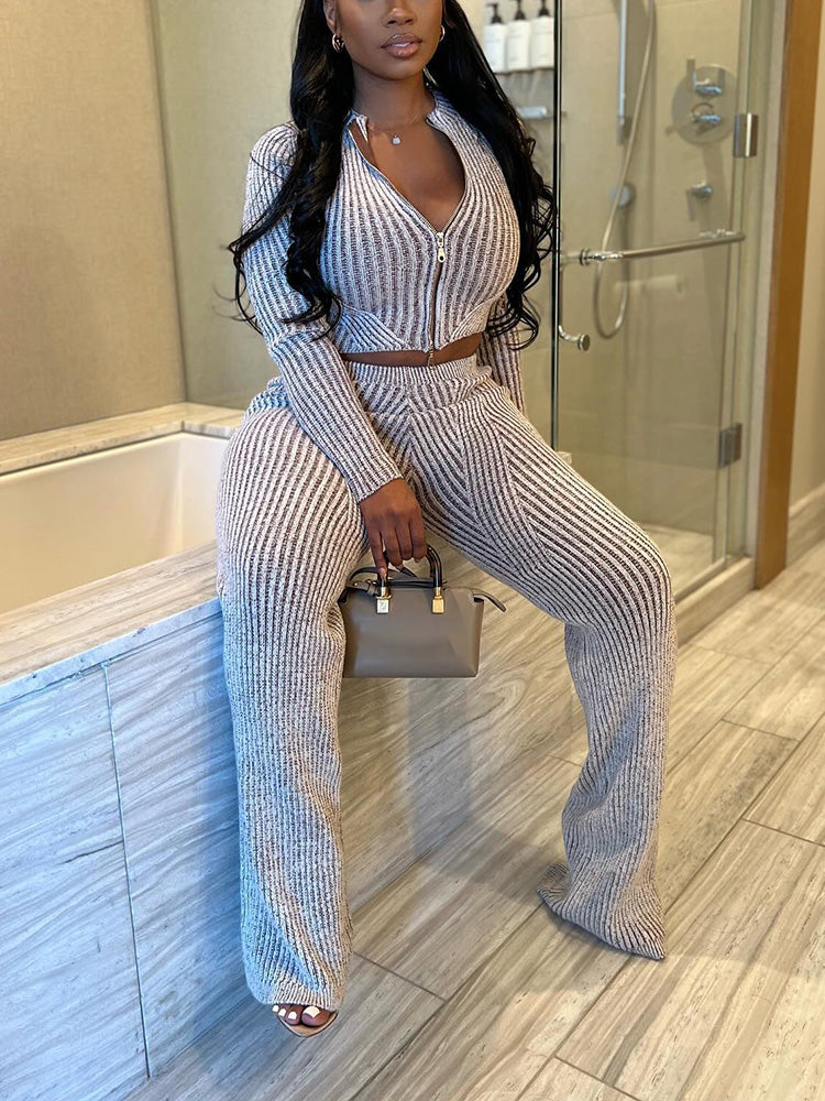 Knit Zipper Crop Top Slim Pants Set Gray* / XL