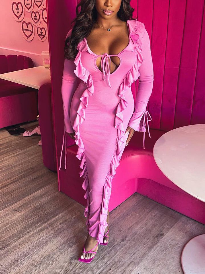 Ruffle Lace-Front Maxi Dress Pink* / M