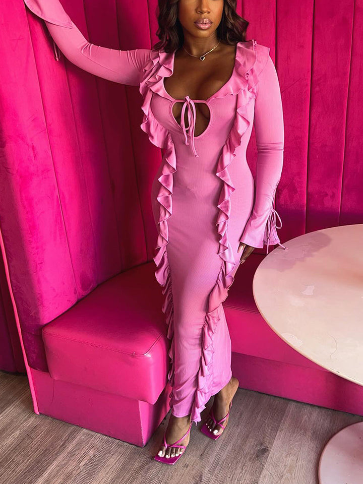 Ruffle Lace-Front Maxi Dress Pink* / L