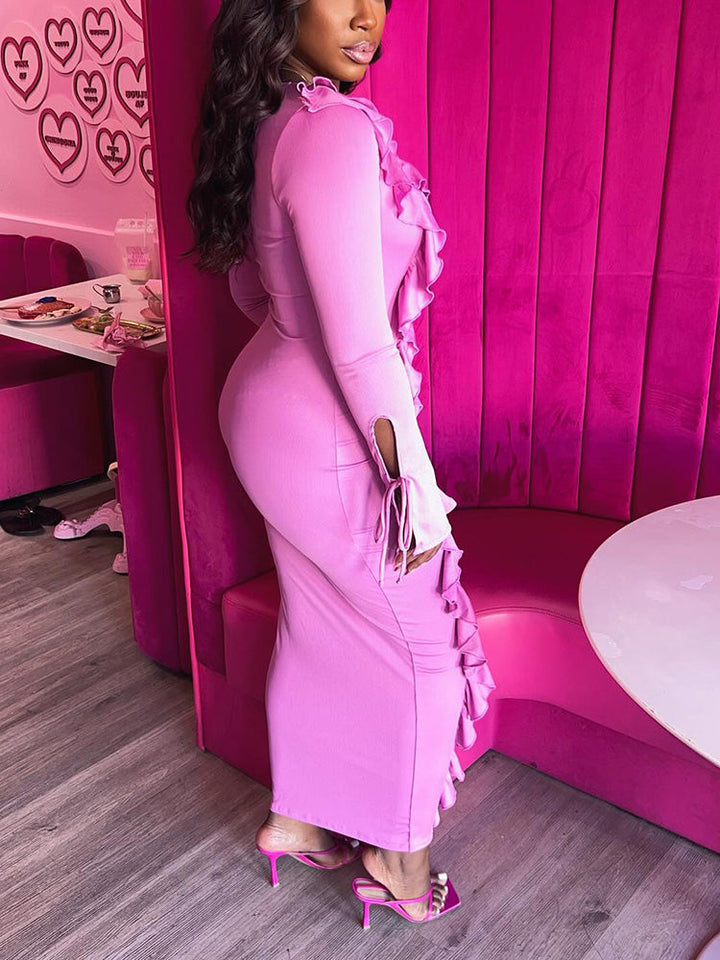 Ruffle Lace-Front Maxi Dress Pink* / XL