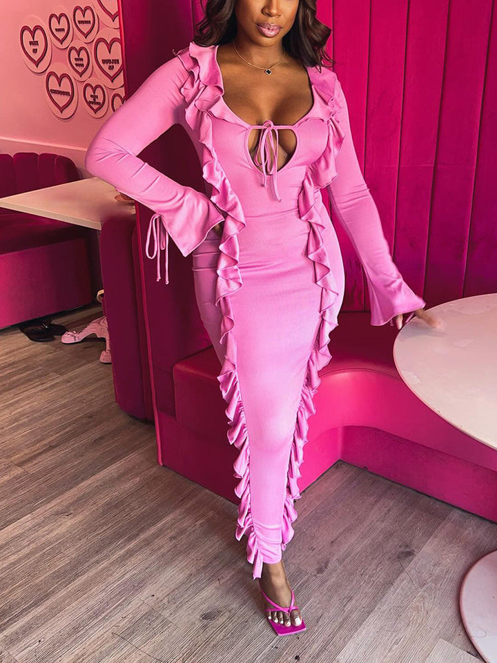 Ruffle Lace-Front Maxi Dress Pink* / S