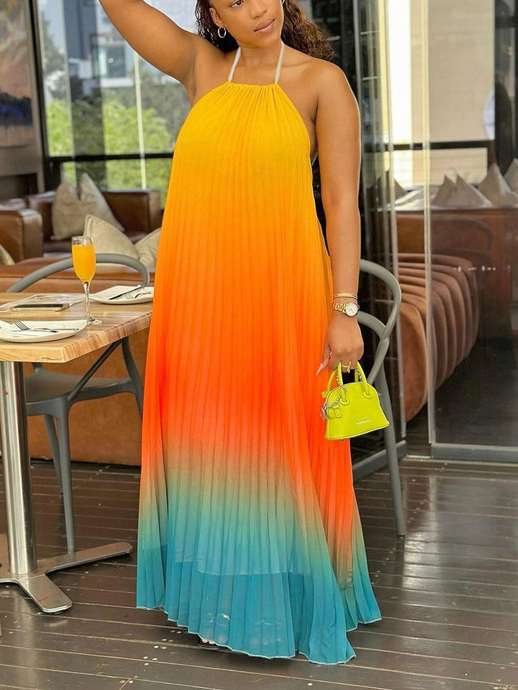 Ombre Pleated Backless Maxi Dress Multicolor / 2XL