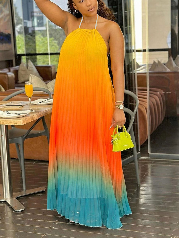 Ombre Pleated Backless Maxi Dress Multicolor / 2XL