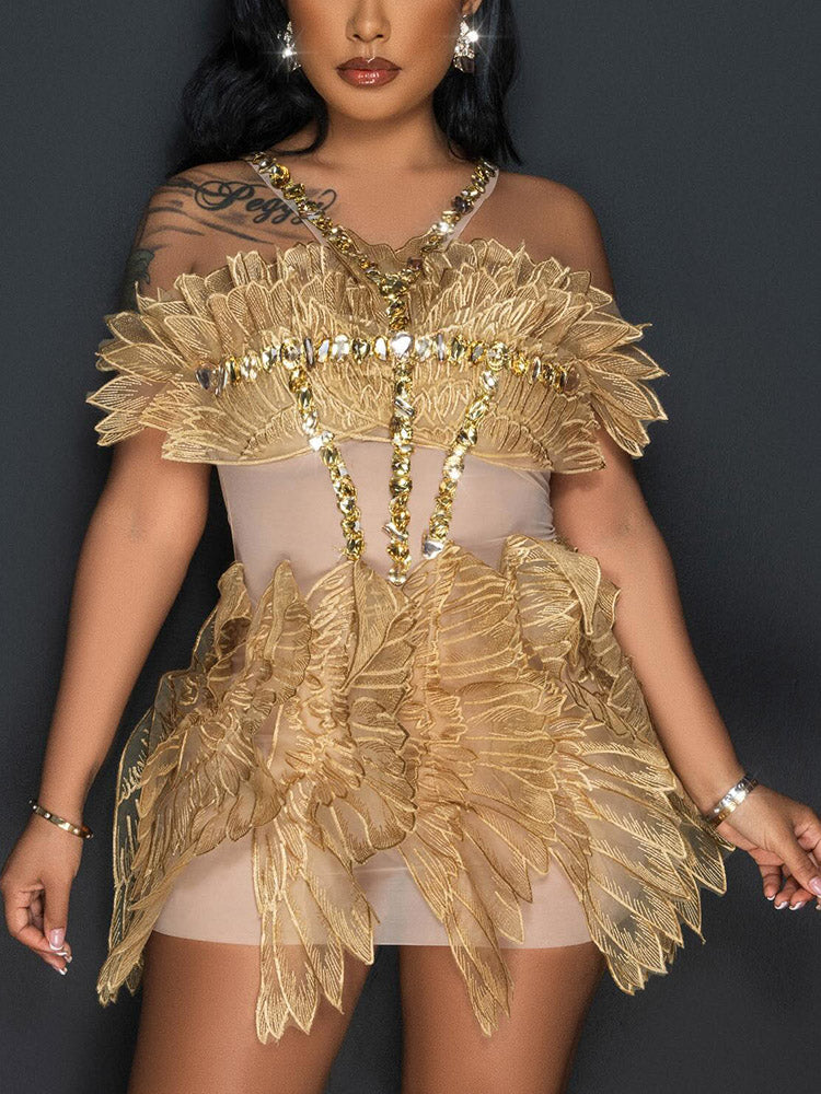 Fairy Mesh Rhinestone Dress Gold / XL