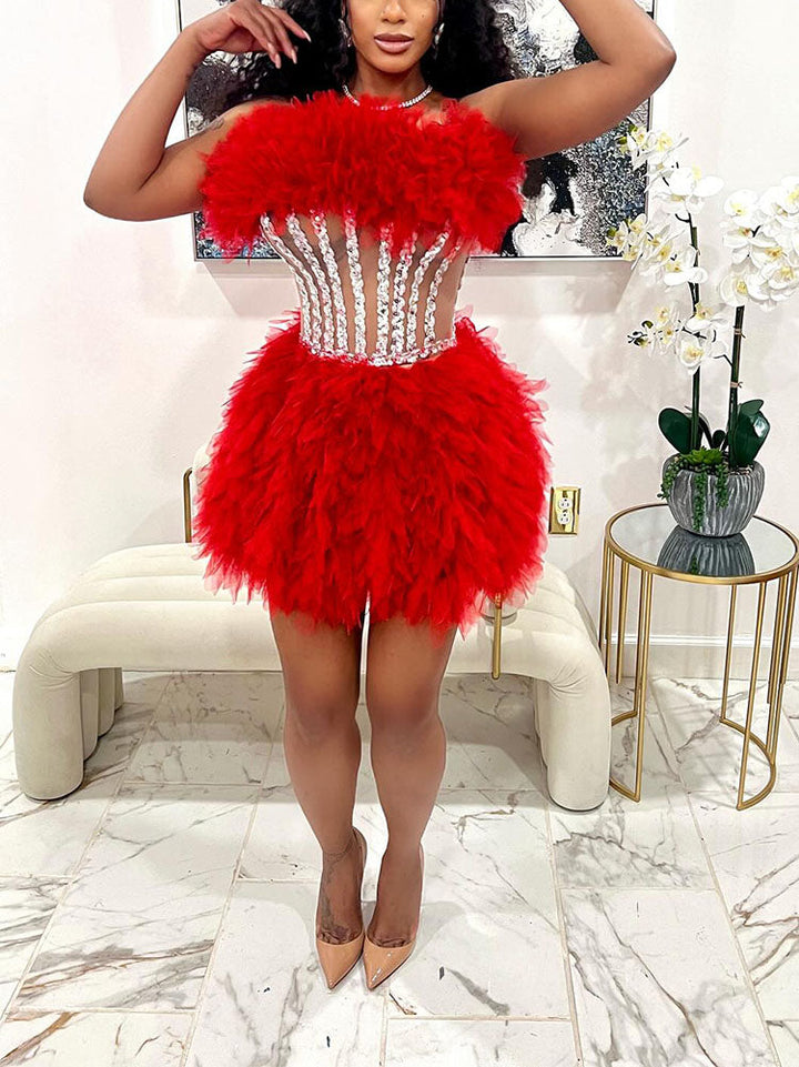 Gorgeous Rhinestone Tulle Party Dress Set White / M