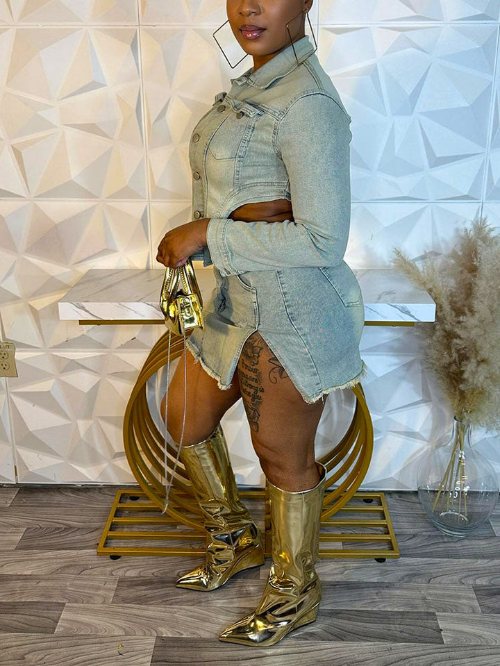 Denim Irregular Jacket & Skirt Set Light Wash / 2XL