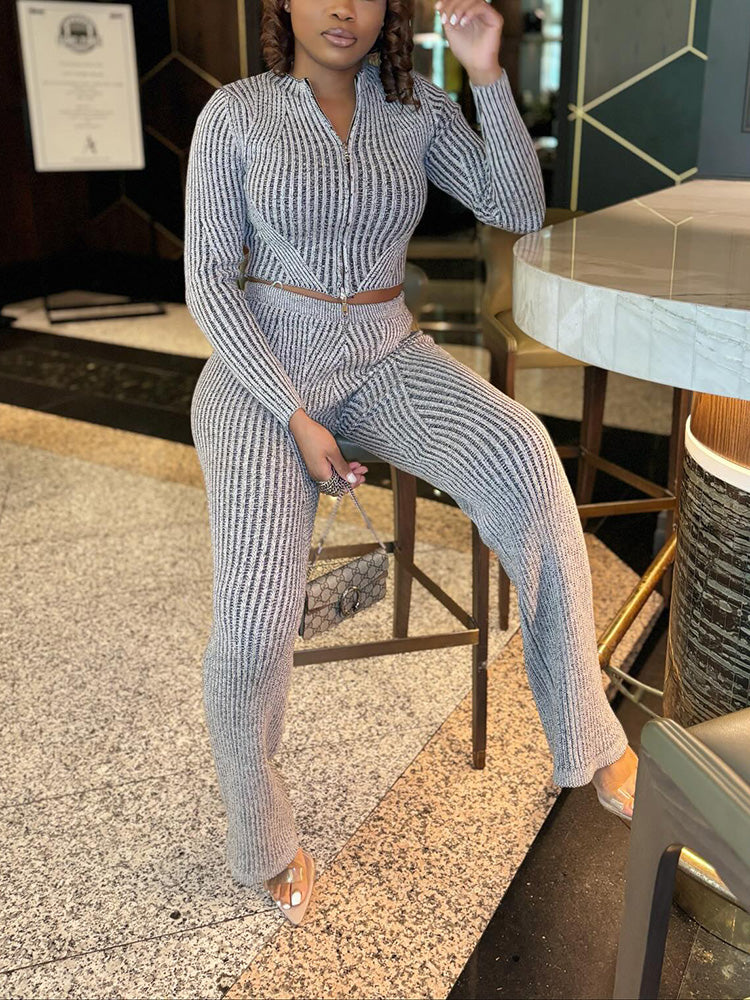 Knit Zipper Crop Top Slim Pants Set Pink* / S