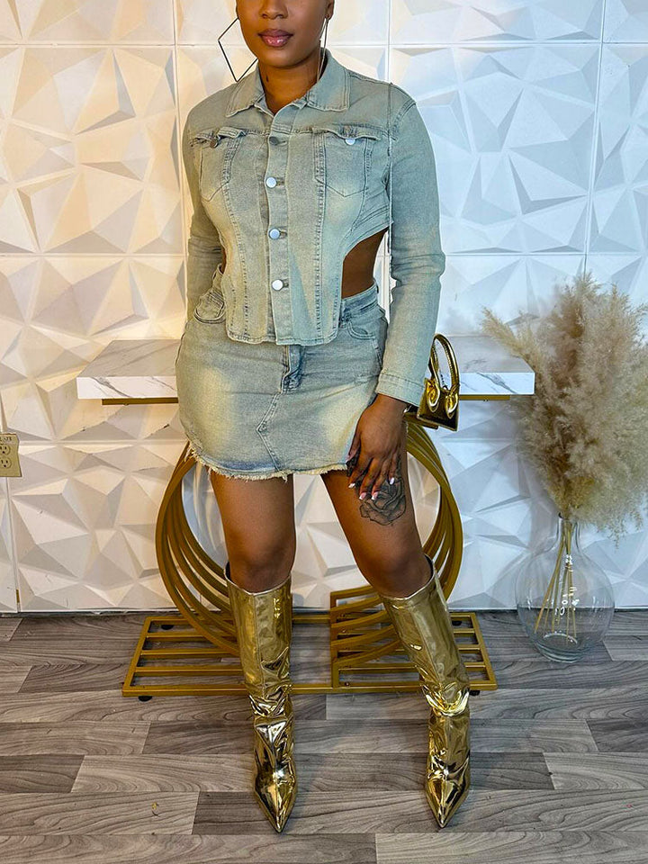 Denim Irregular Jacket & Skirt Set Light Wash / XL