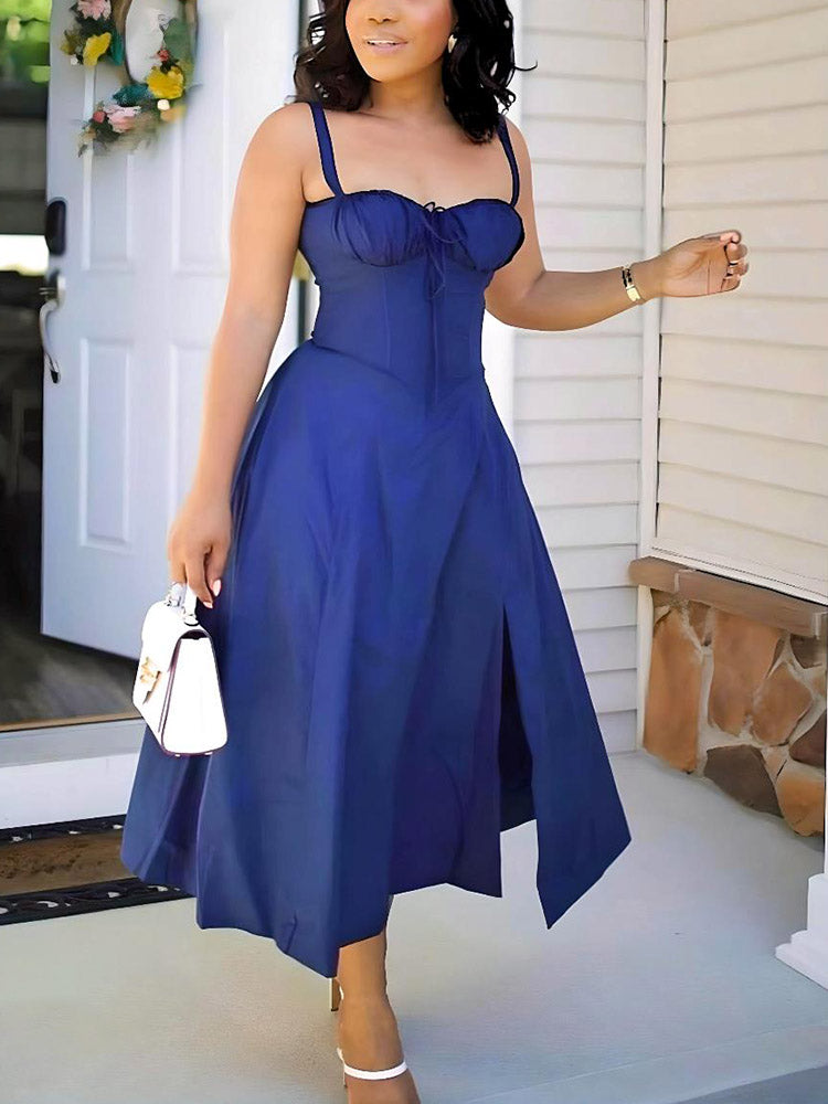 Sleeveless Bustier Slit Sundress Navy / L
