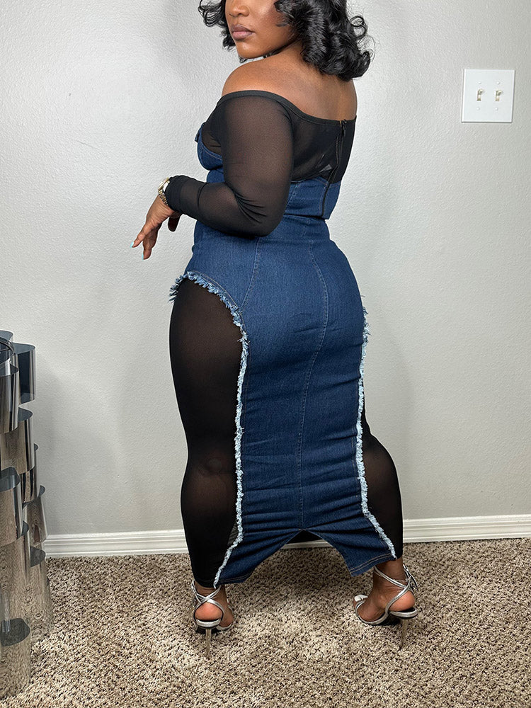 Denim Mesh Skirt Set Blue / 2XL