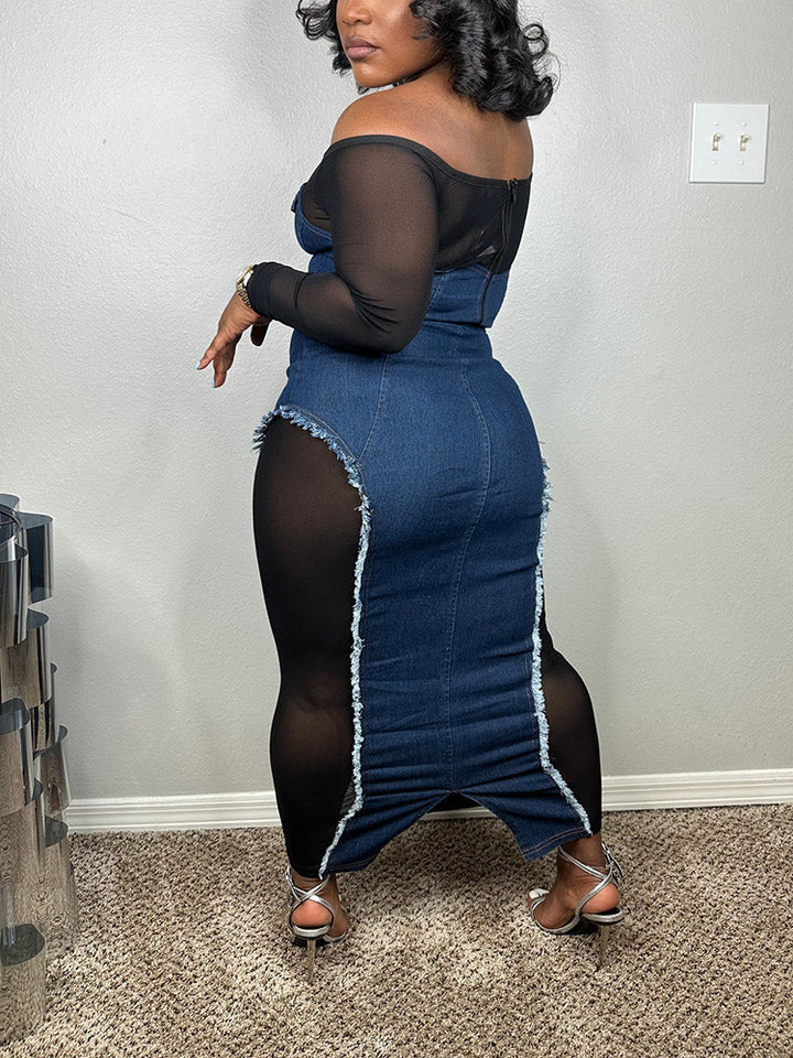 Denim Mesh Skirt Set Blue / 2XL