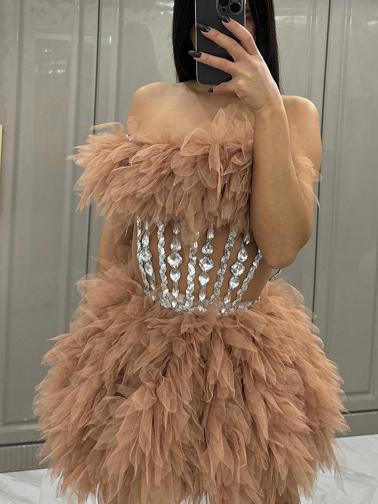 Gorgeous Rhinestone Tulle Party Dress Set Green / XL
