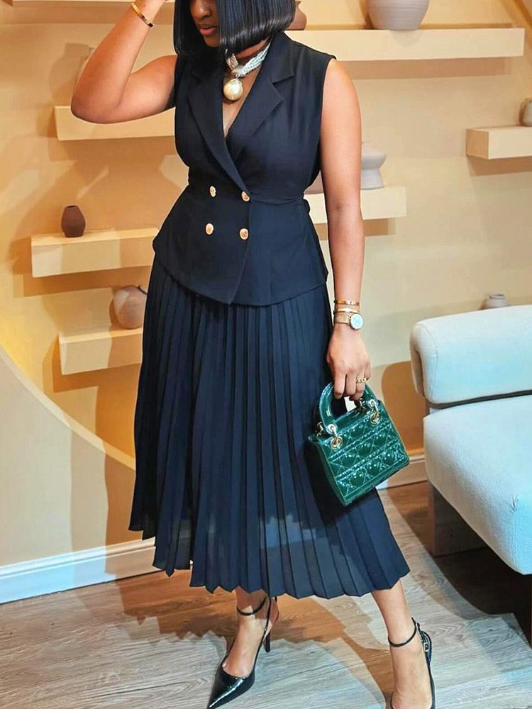 Sleeveless Blazer Pleated Maxi Skirt Set Black / XL
