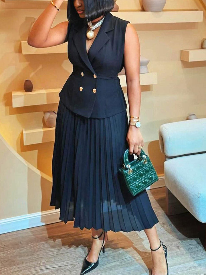 Sleeveless Blazer Pleated Maxi Skirt Set Black / XL
