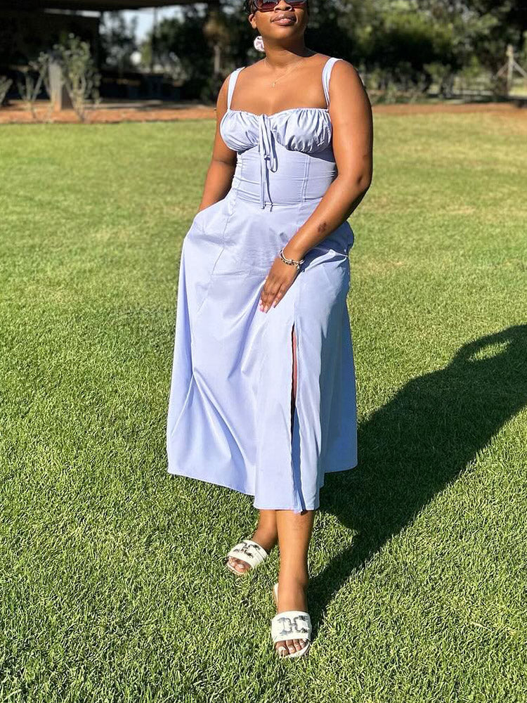 Sleeveless Bustier Slit Sundress Light Blue / M