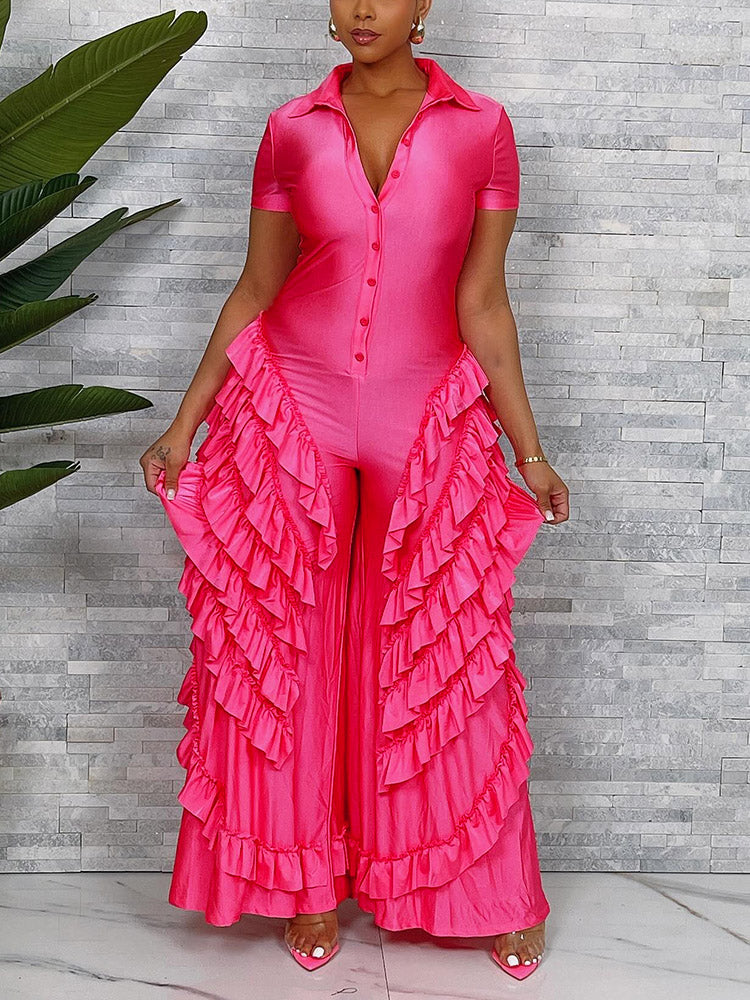 Ruffle Wide Leg Jumpsuit Rose / XL
