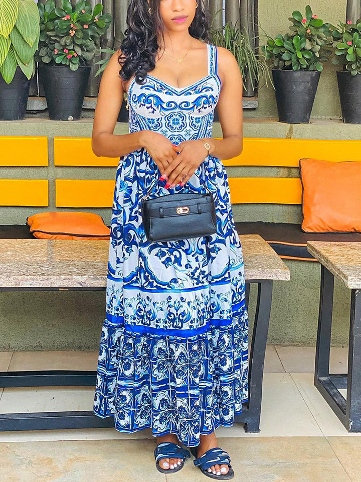 Printed Sleeveless Maxi Dress Blue / XL