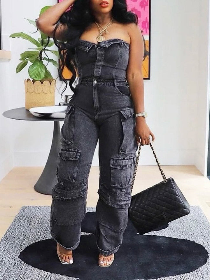 Denim Strapless Cargo Jumpsuit Camo / M