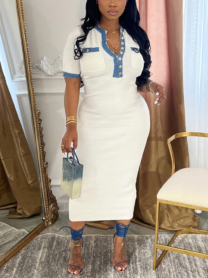 Denim-Trimmed Bodycon Midi Dress White / S
