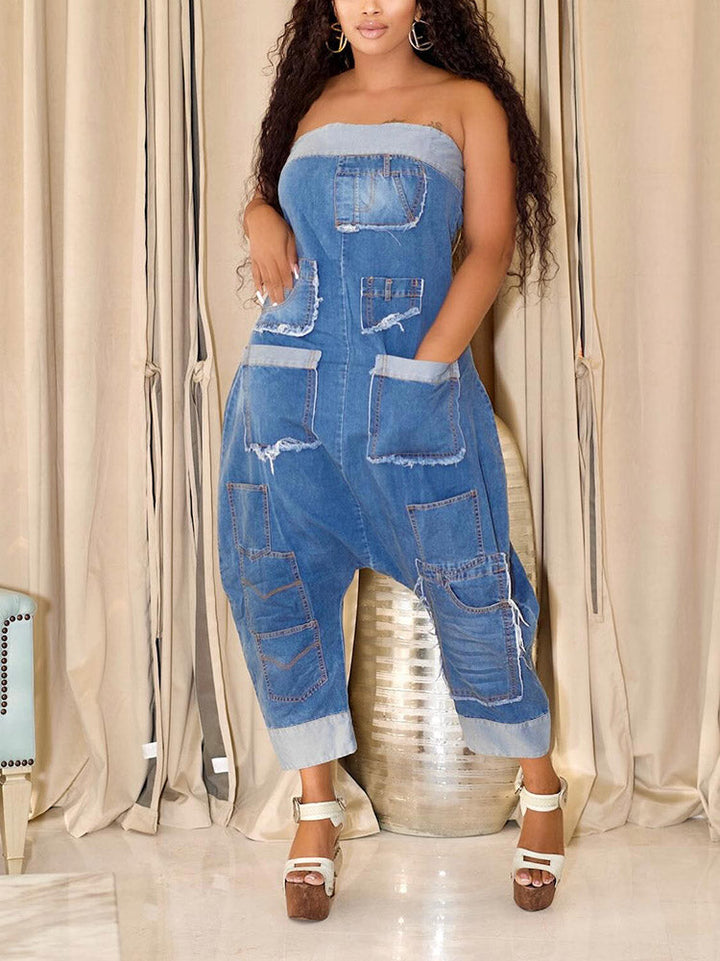 Strapless Cargo Denim Loose Jumpsuit Blue / S