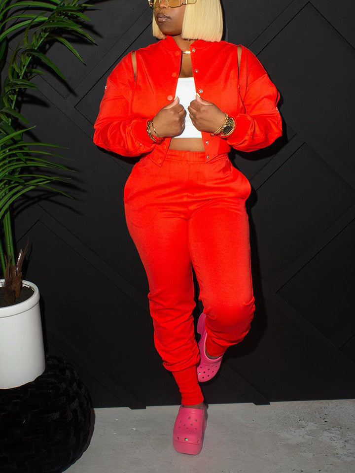 Zipper Crop Jacket Jogger Set Red* / XL