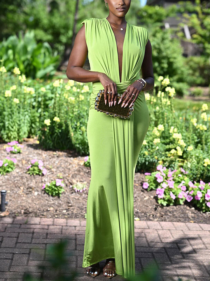 Elegant Plunge Draped Maxi Dress Red / L