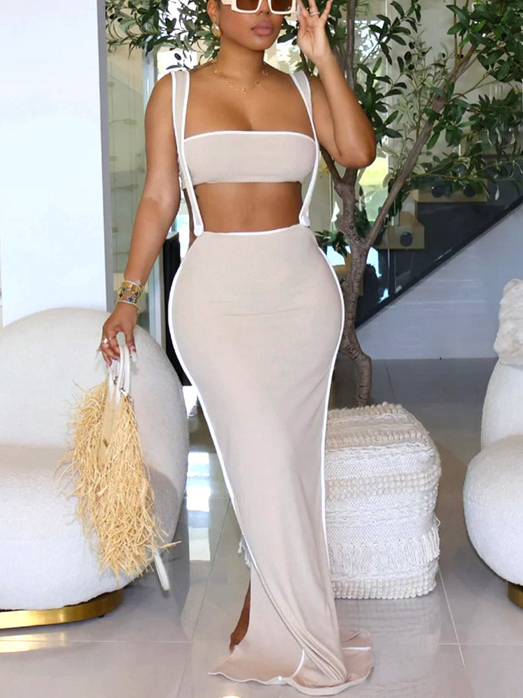 Tube Top Suspender Dress Set Olive Green / L