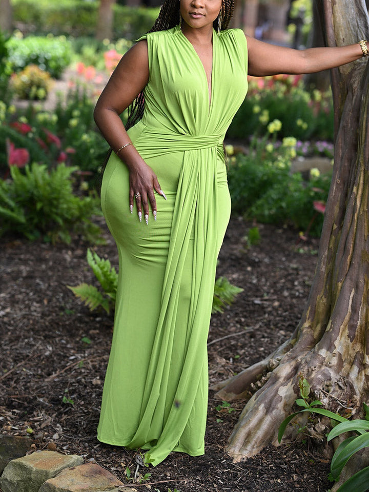 Elegant Plunge Draped Maxi Dress Red / M