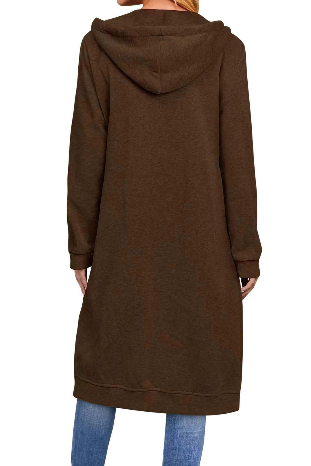 Solid Zip Up Drawstring Hooded Long Cardigan Black · XXXL