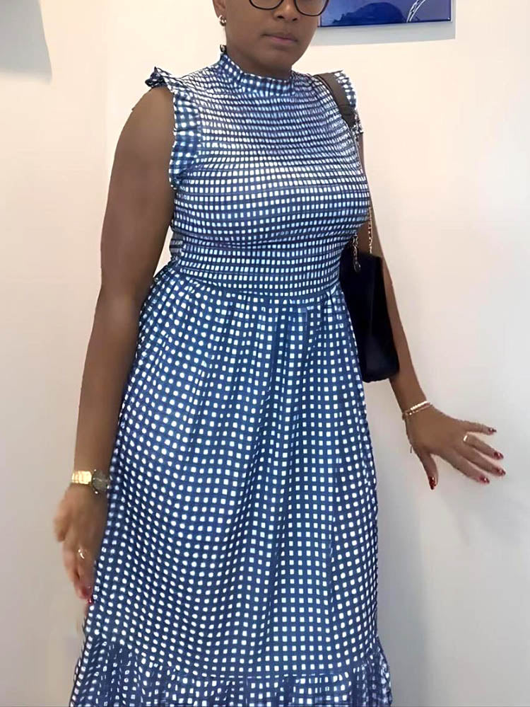 Ruffle Sleeves Gingham Maxi Dress Blue / L