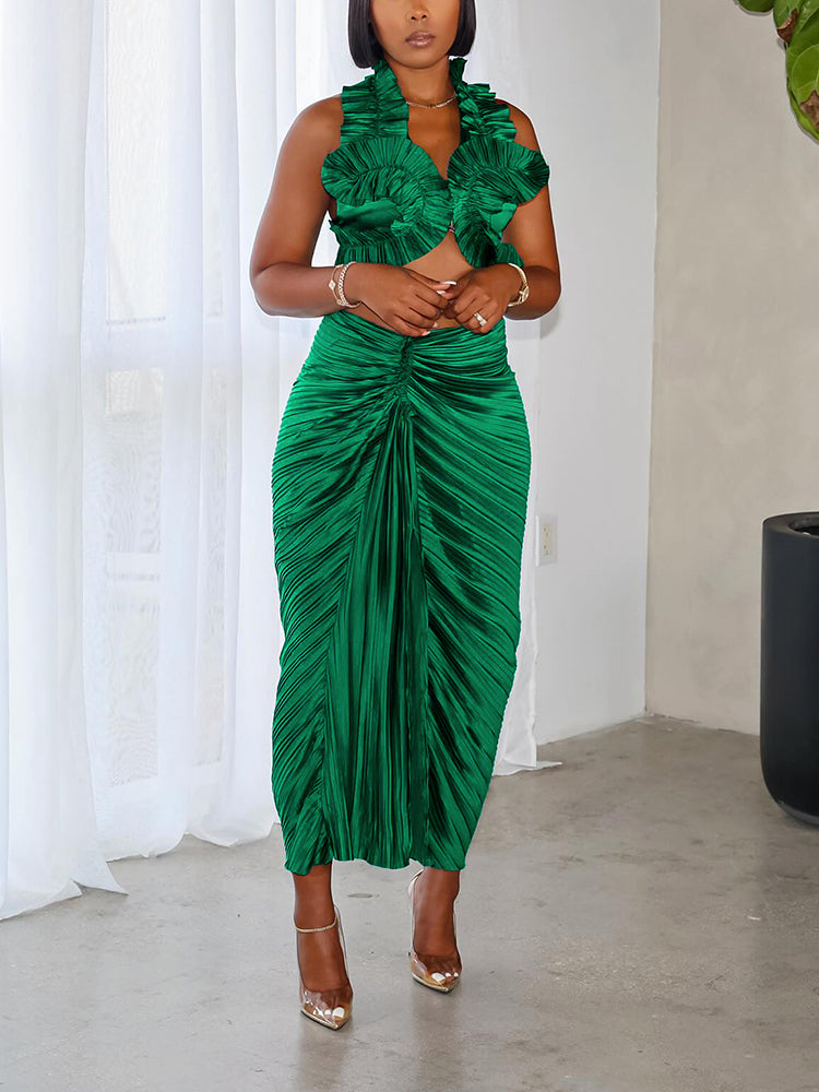 Ruffle Crop Top & Slit Skirt Set Green / L