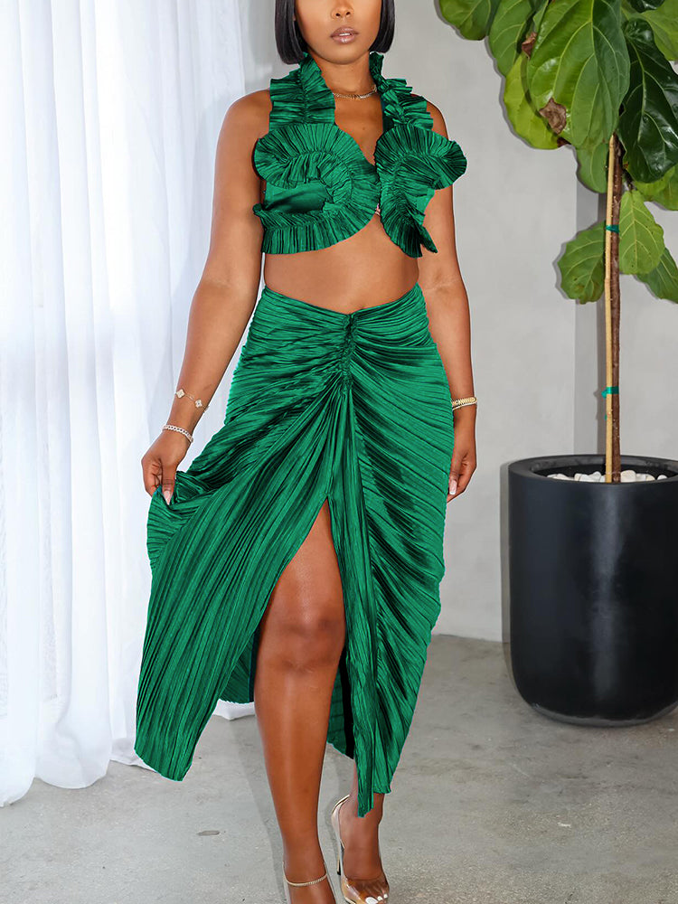 Ruffle Crop Top & Slit Skirt Set Green / M