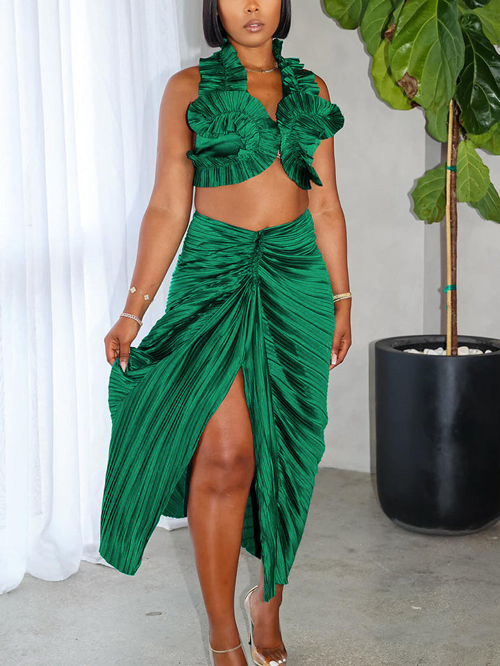 Ruffle Crop Top & Slit Skirt Set Green / M