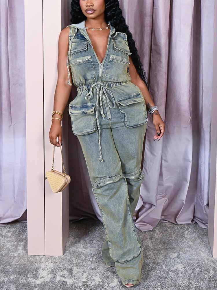 Vintage Hoodie Denim Jumpsuit Light Blue / S
