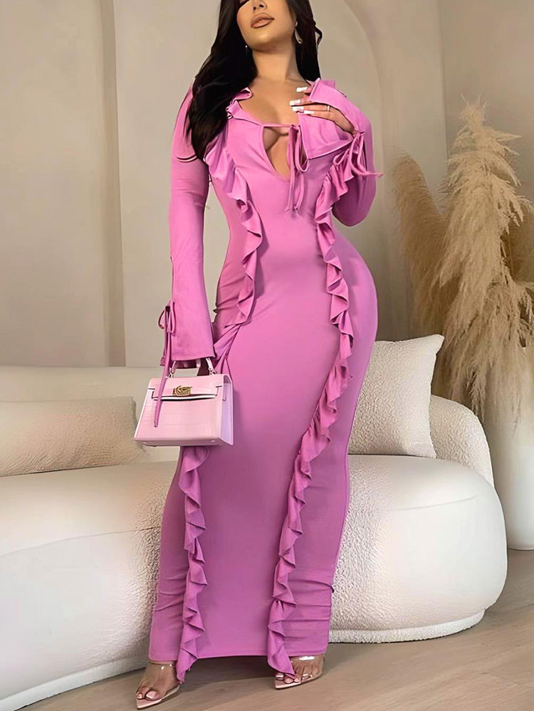 Ruffle Lace-Front Maxi Dress Pink* / 2XL
