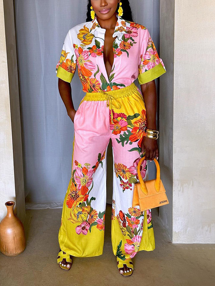 Blossom Cotton Linen Pants Set Light pink / XL