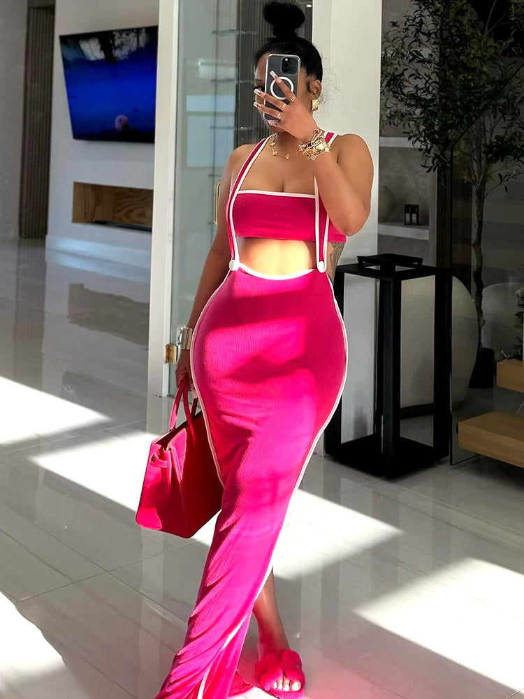 Tube Top Suspender Dress Set Rose / S