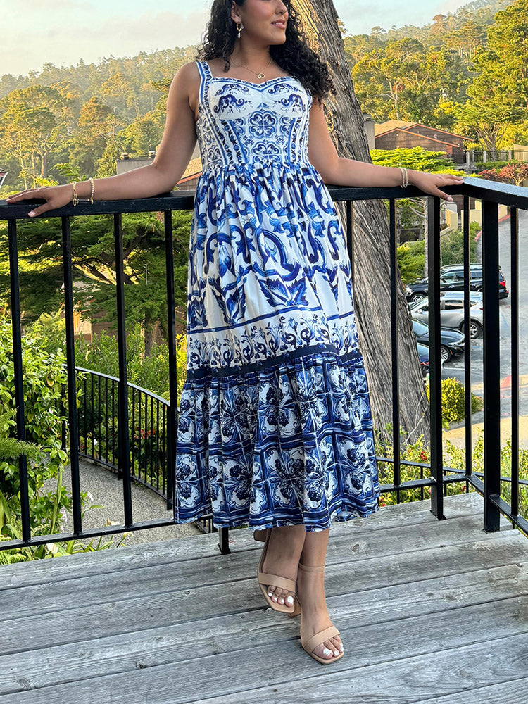 Printed Sleeveless Maxi Dress Blue / 2XL