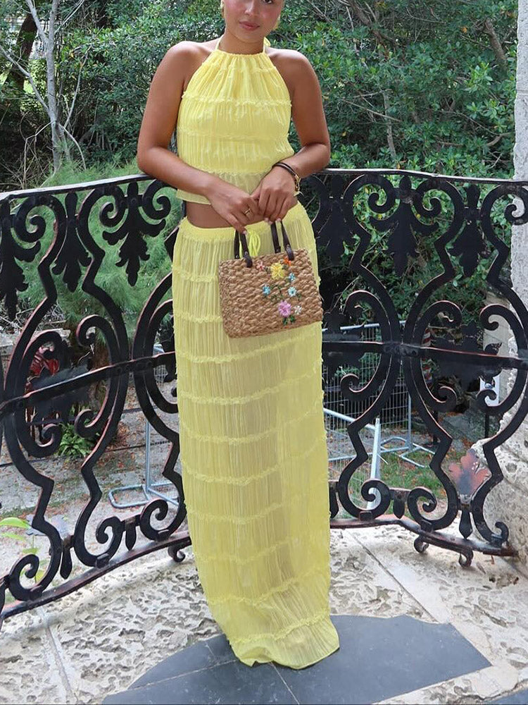 Chiffon Ruffle Skirt Set Yellow / L