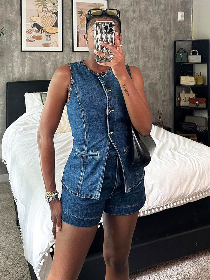 Denim Vest & Shorts Set Blue / M