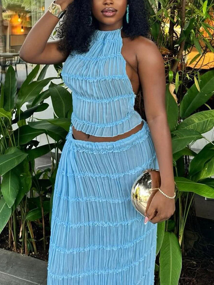 Chiffon Ruffle Skirt Set Light Blue / XL