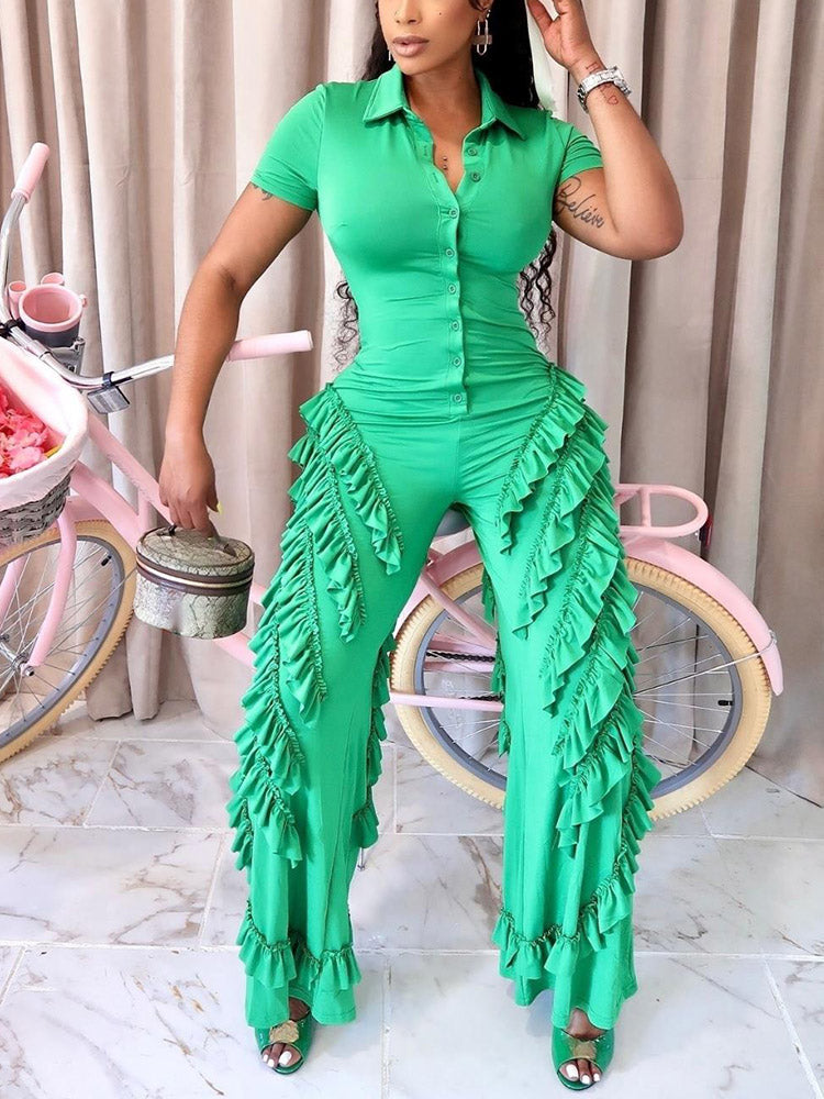 Ruffle Wide Leg Jumpsuit Green / L