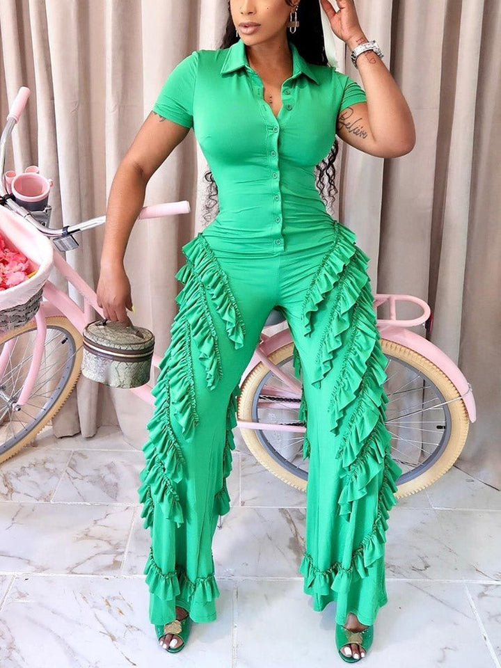 Ruffle Wide Leg Jumpsuit Green / L