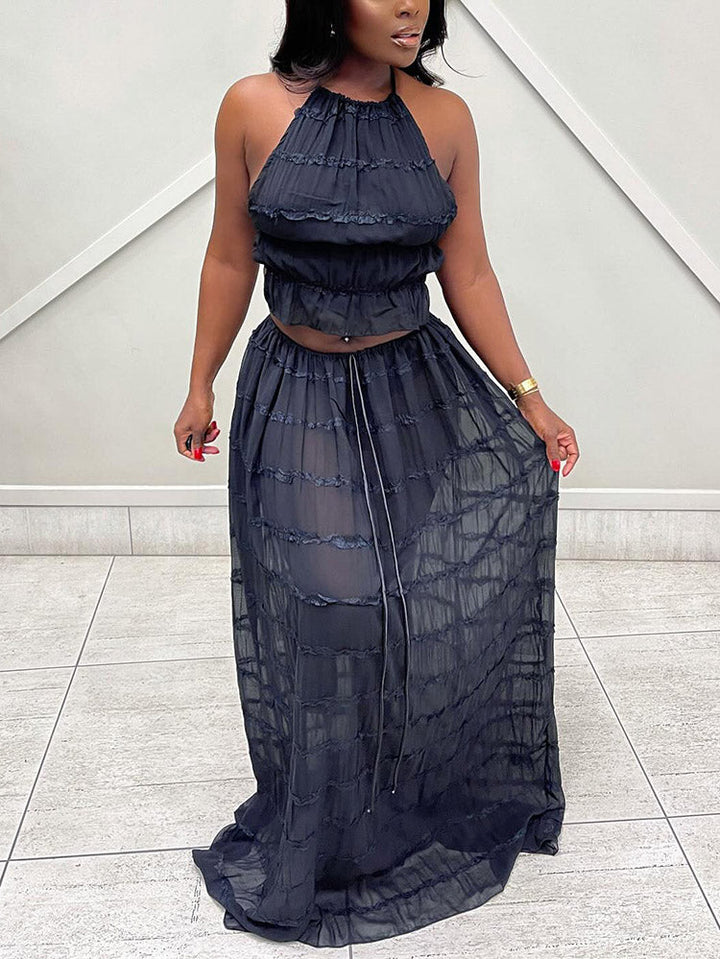 Chiffon Ruffle Skirt Set Light Blue / M