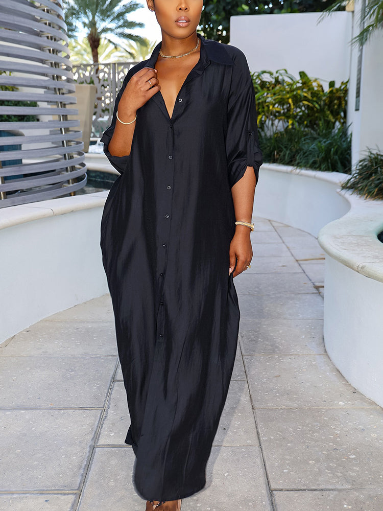 Satin Button Shirt Dress Apricot / 2XL