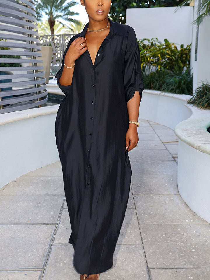 Satin Button Shirt Dress Apricot / 2XL